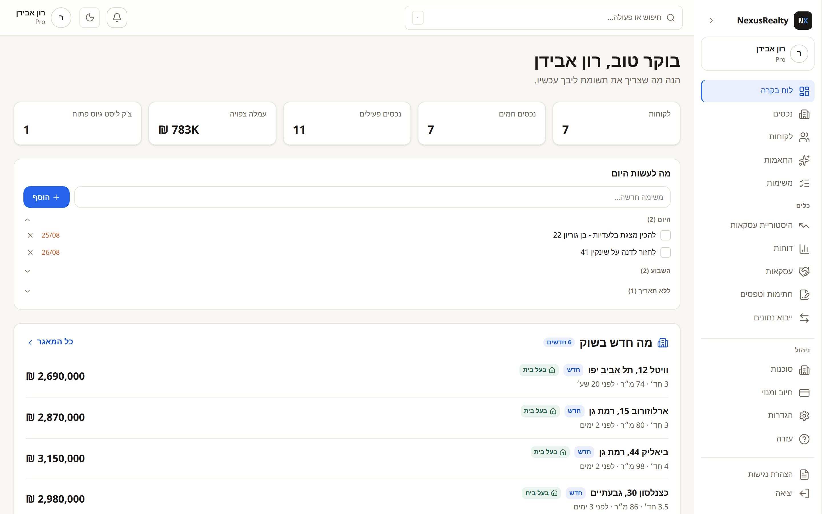 לוח הבקרה של Nexus - עמלה צפויה, לידים חמים, משימות היום והנכסים החדשים בשוק